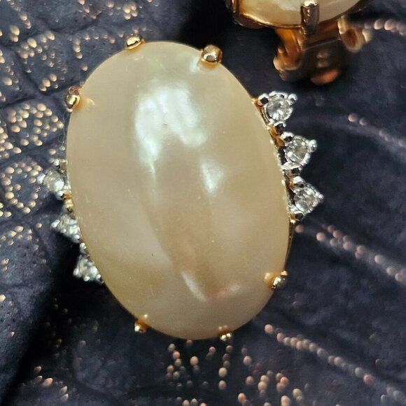 Vintage Gold Tone Clip-On Very Large Faux Pearl Earrings With Rhinestone Accents - Picture 5 of 10